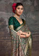 Green Velvet Tusser Silk  Ajrakh Saree